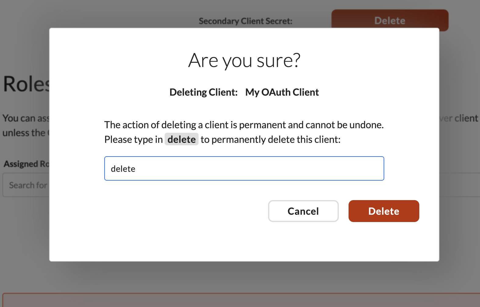 Are you sure confirmation modal for deleting a client, requiring the word delete to be typed to confirm.