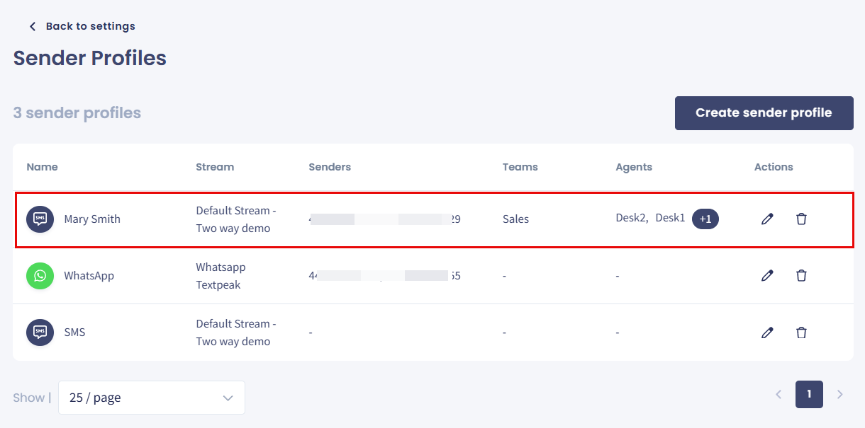 Screenshot with the new sender profile created