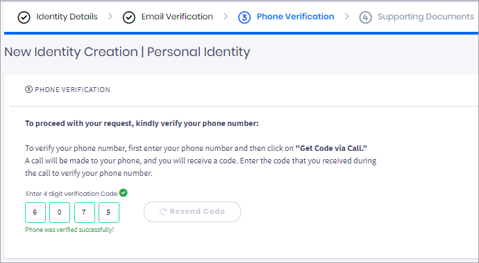 Screenshot with entering 4-digit verification code - personal identity