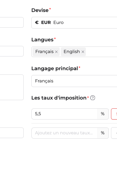 Champ Les taux d'imposition dans la carte Informations de base de l'entreprise, avec la liste des taux et le bouton d'ajout d'un nouveau taux