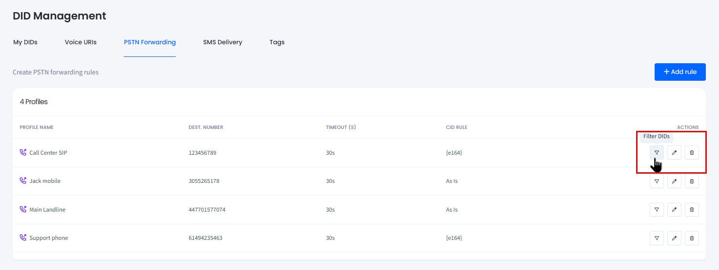 Screenshot of the PSTN profiles management actions
