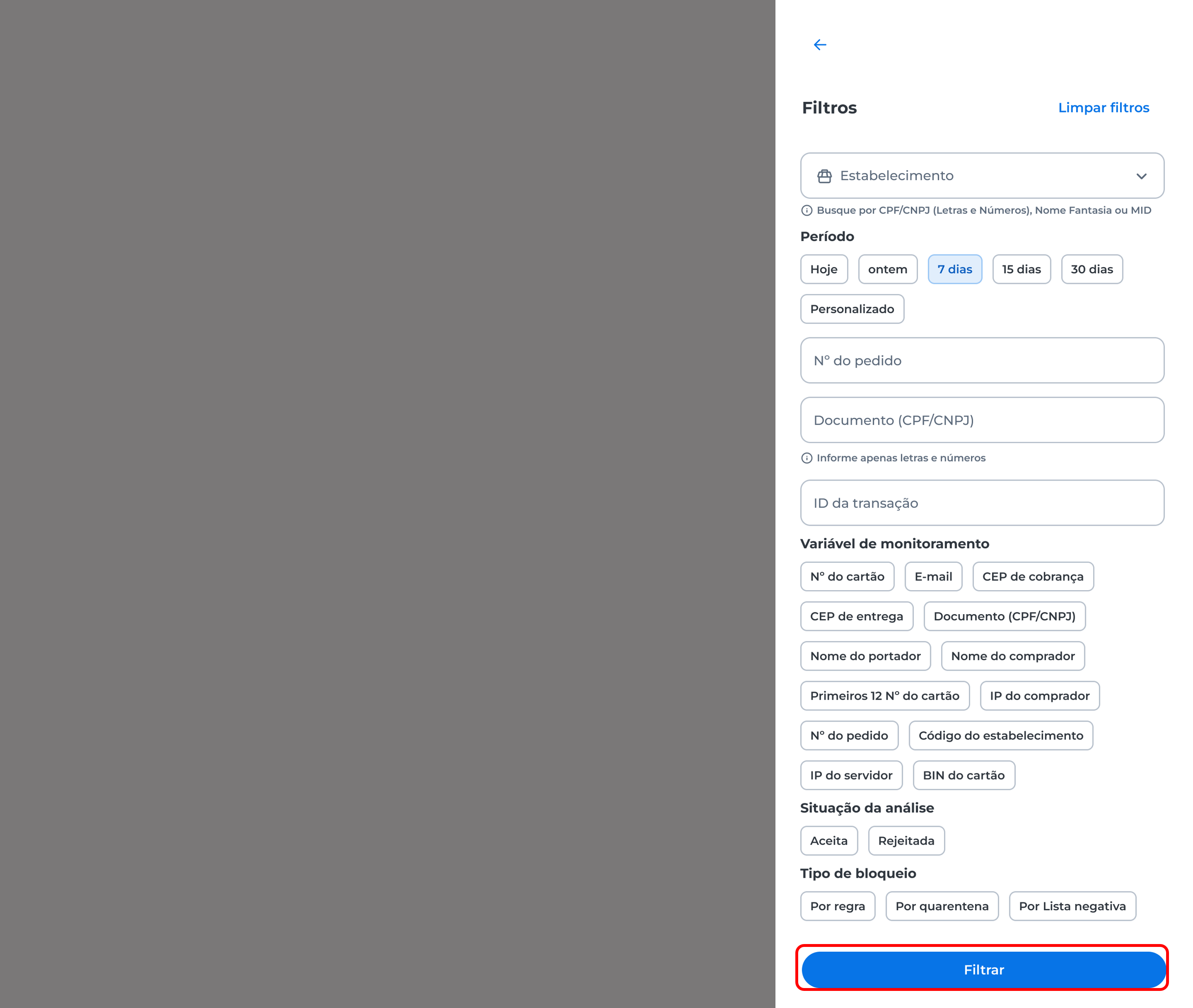tela de aplicar os filtros do velocity