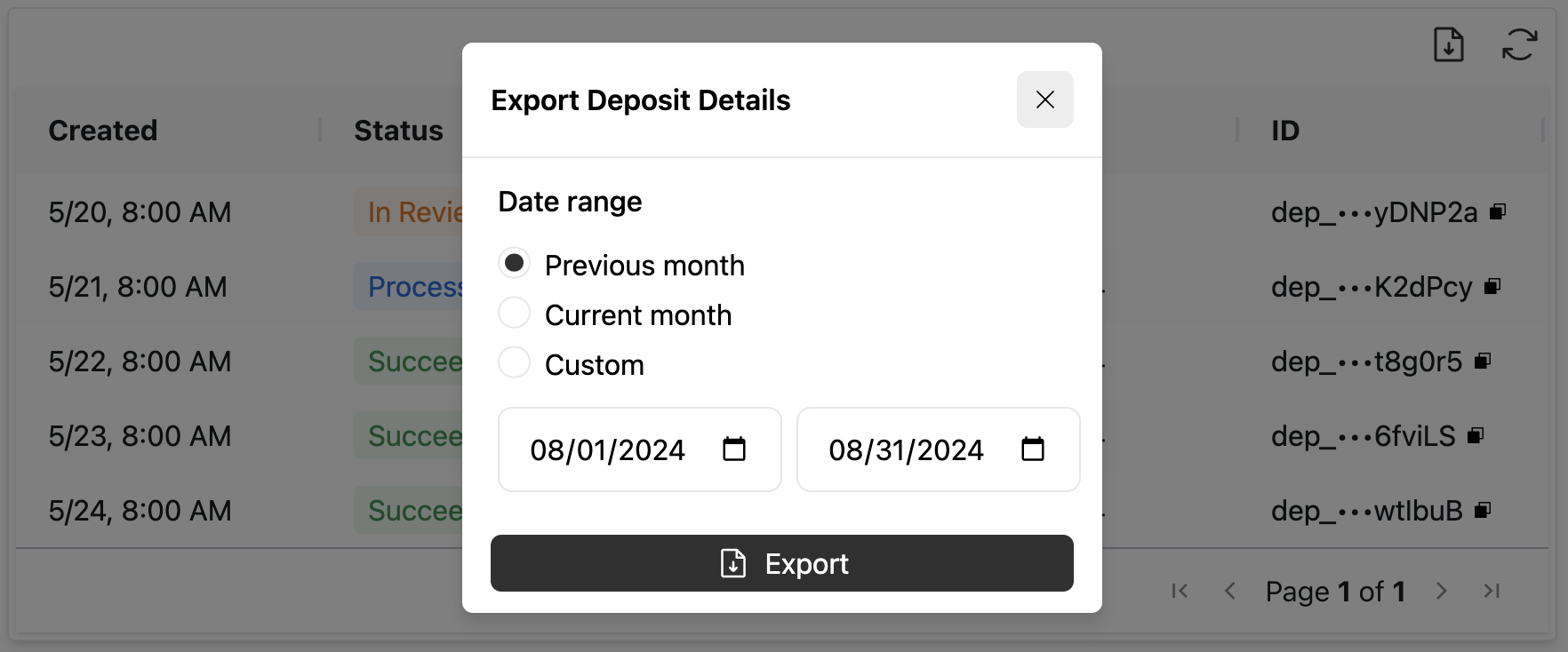 Deposits activity report export modal