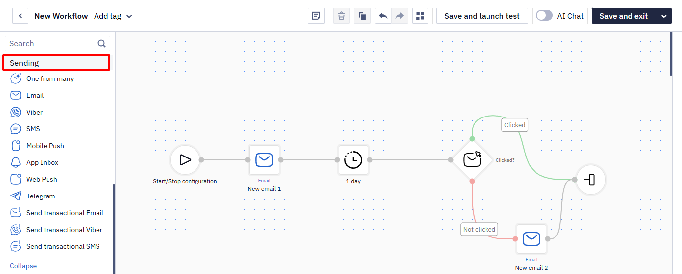 Block panel with the Sending category highlighted showing regular and transactional message block types