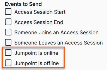 Two outbound event configuration screens are shown side-by-side: "Add HTTP Recipient" and "Add Email Recipient". Both display a list of events to send, with "Jumpoint is online" and "Jumpoint is offline" highlighted at the bottom.