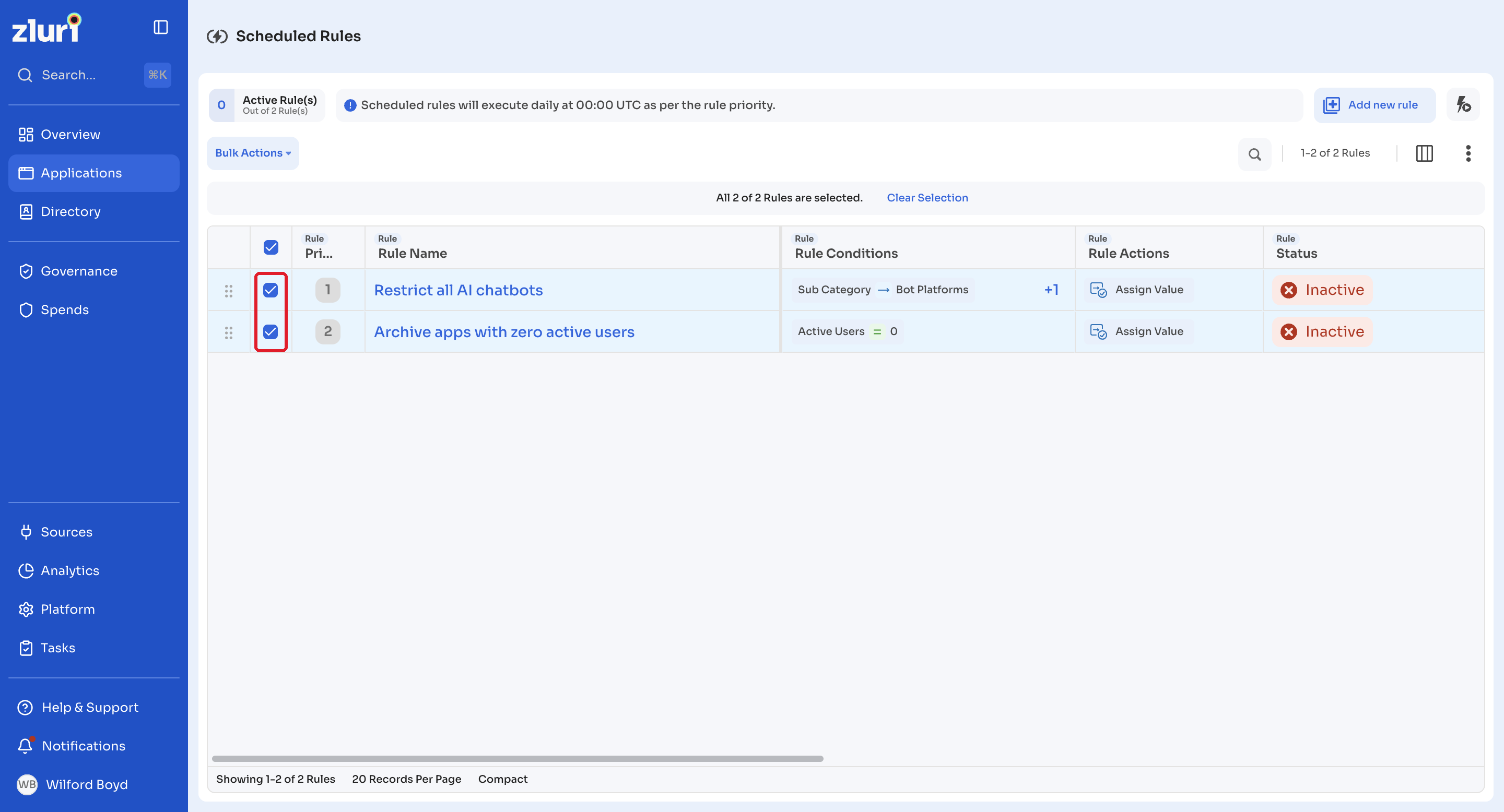 Rules selected with checkboxes