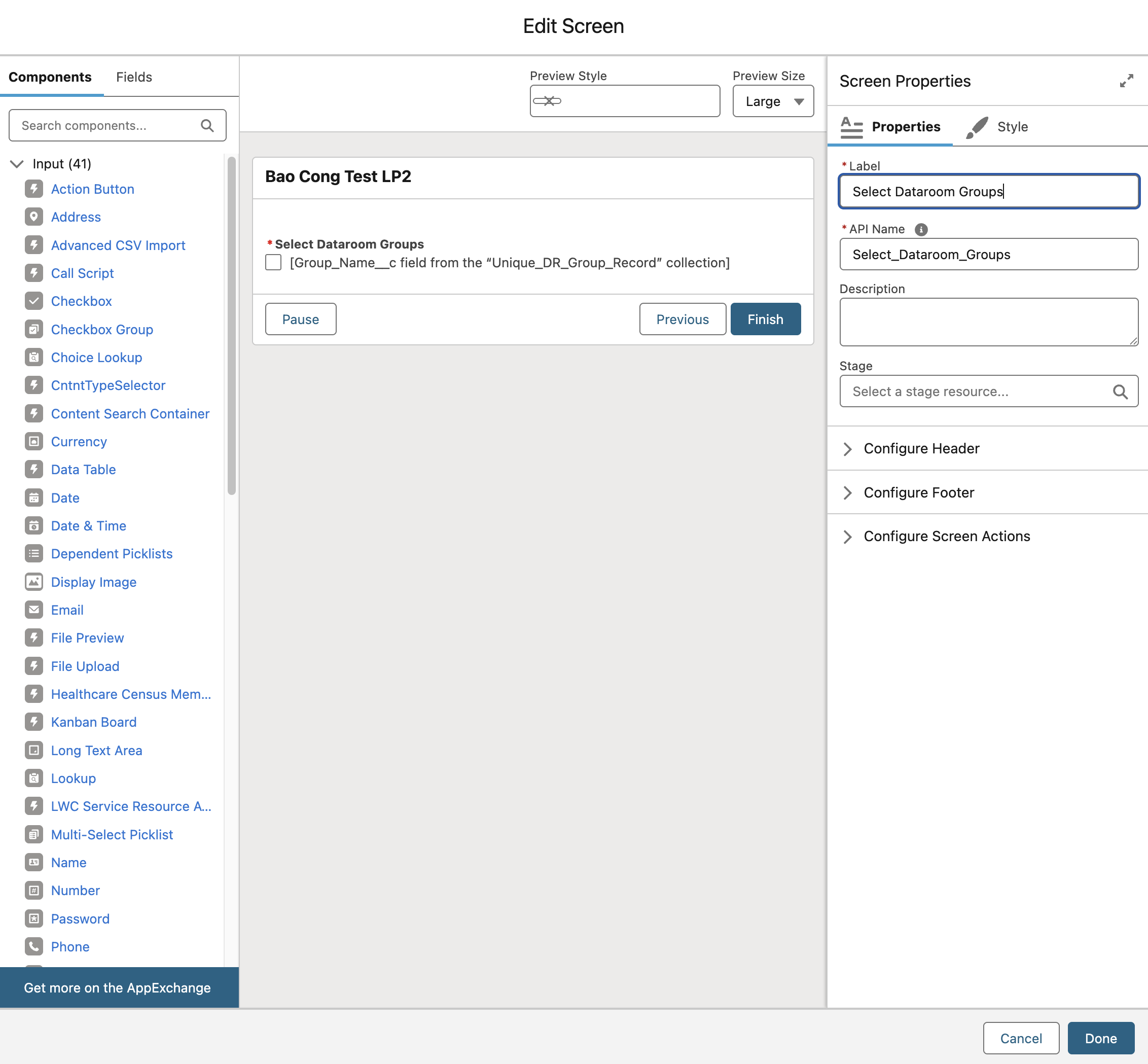 Select Dataroom Groups screen