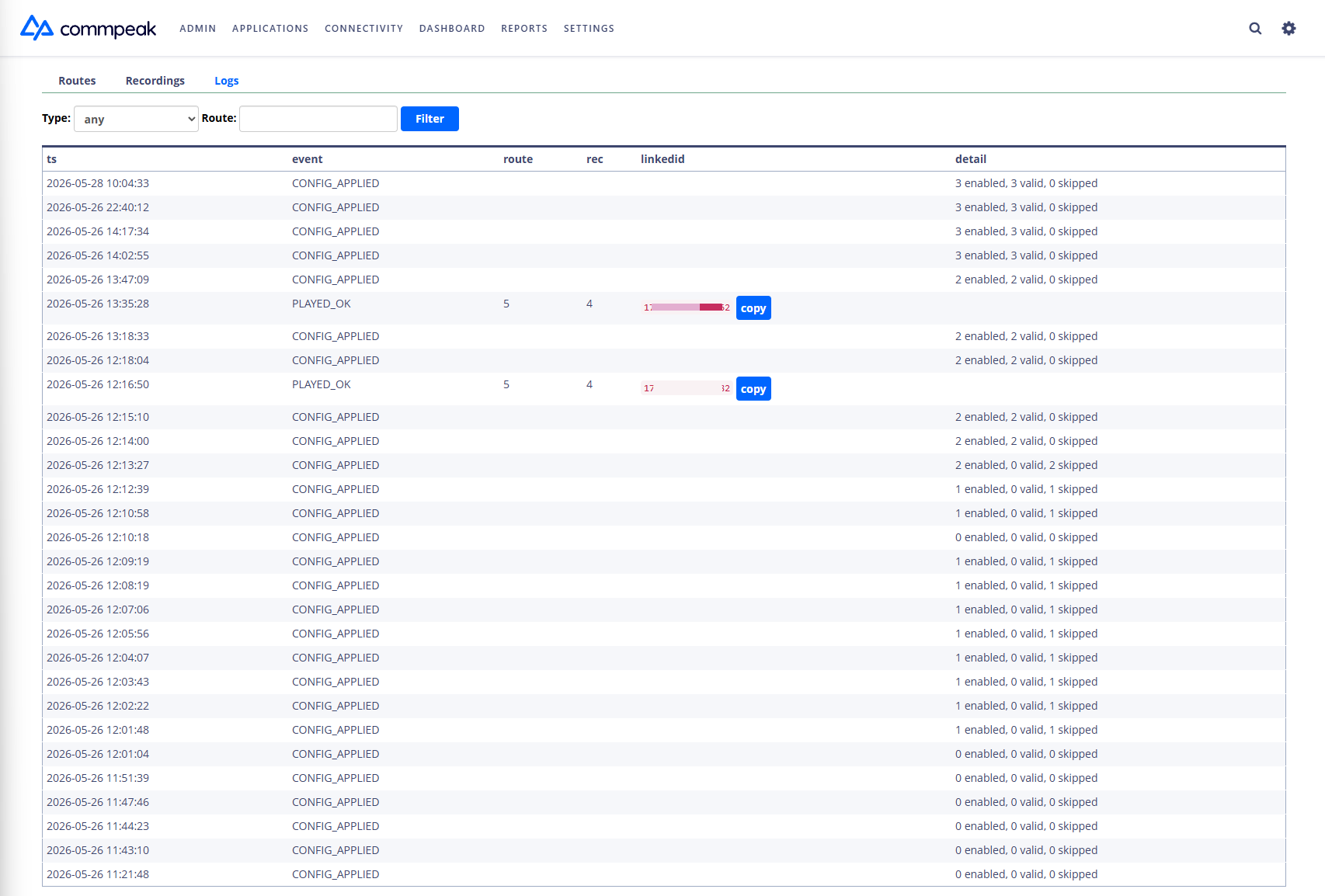 Screenshot of the Logs tab with the list of recent calls
