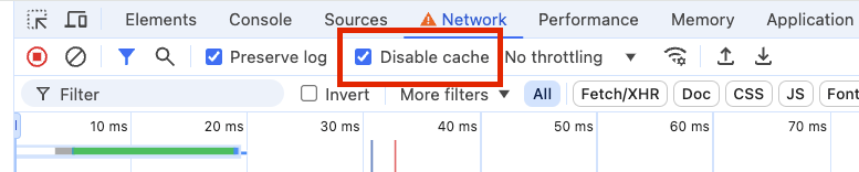 Disable cache by navigating to "Inspect" > Network tab.