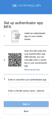 This screenshot shows the first steps to set up MFA: 1. Install an authenticator app, 2. Scan a QR code, 3. Enter the code from your authenticator app. 