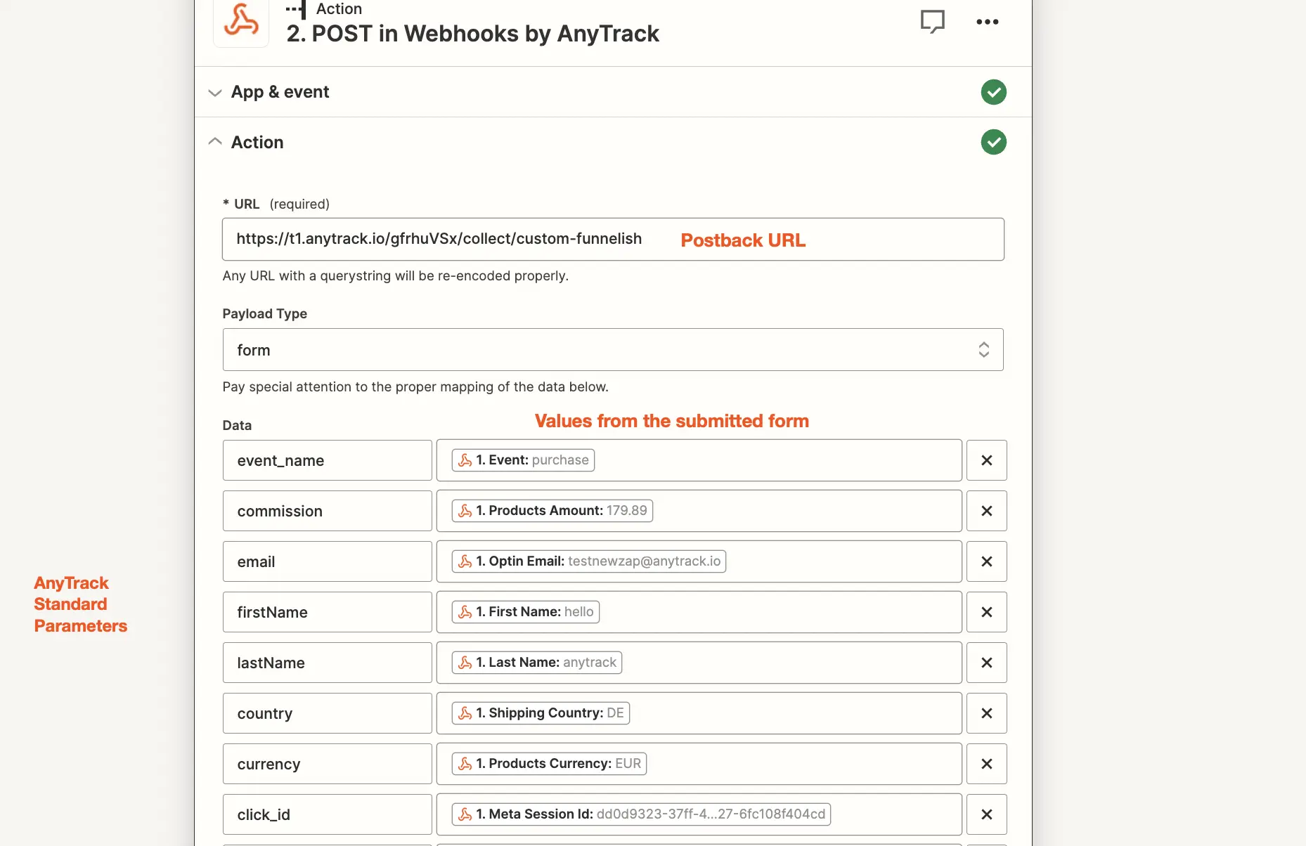 Parameter mapping between Zapier and Anytrack Postback URL