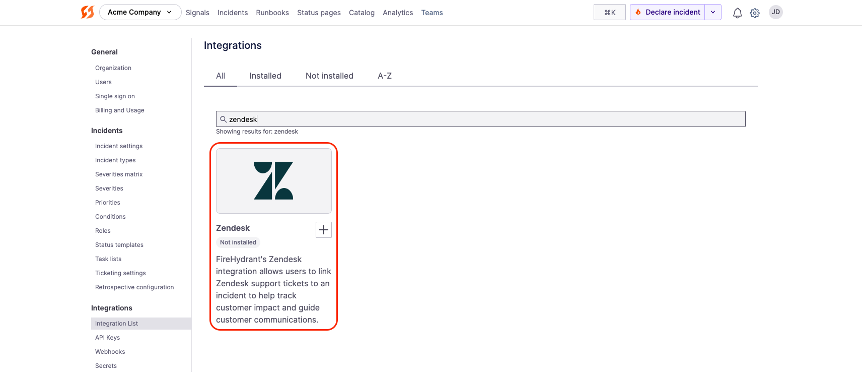 Zendesk tile on the integrations page