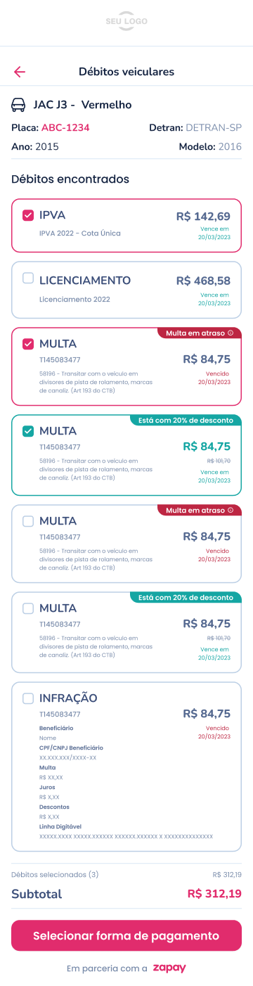 Exemplo de retorno de consulta com débitos veiculares