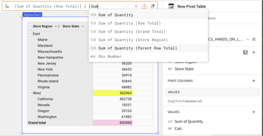 Formula bar for the new column, with the drop-down menu open showing auto-complete options for the Parent Row Total column.