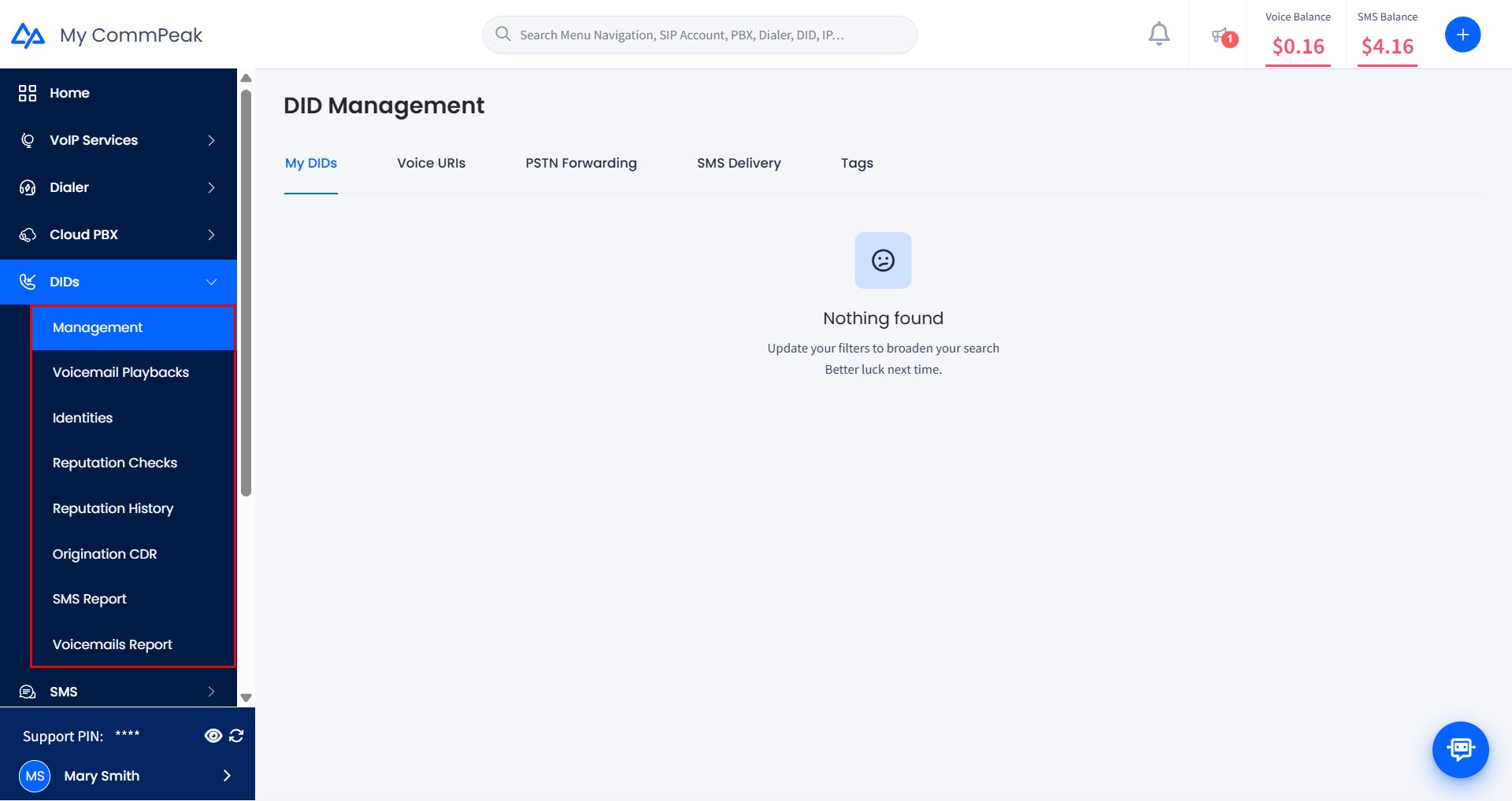 Screenshot of the DIDs tab menu
