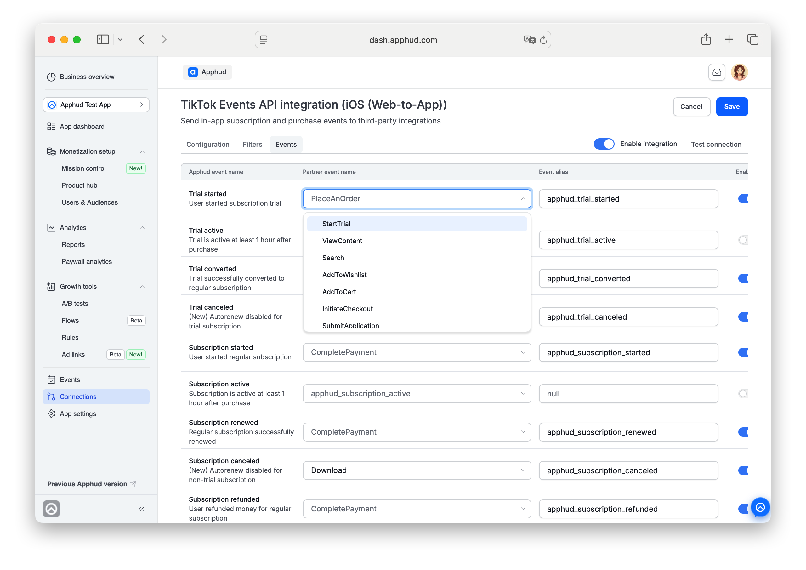 Apphud - TikTok events configuration