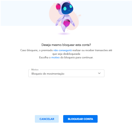 Seleção de motivo para bloqueio de conta