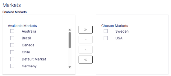 Settings tab Markets section showing Available Markets and Chosen Markets dual-list control