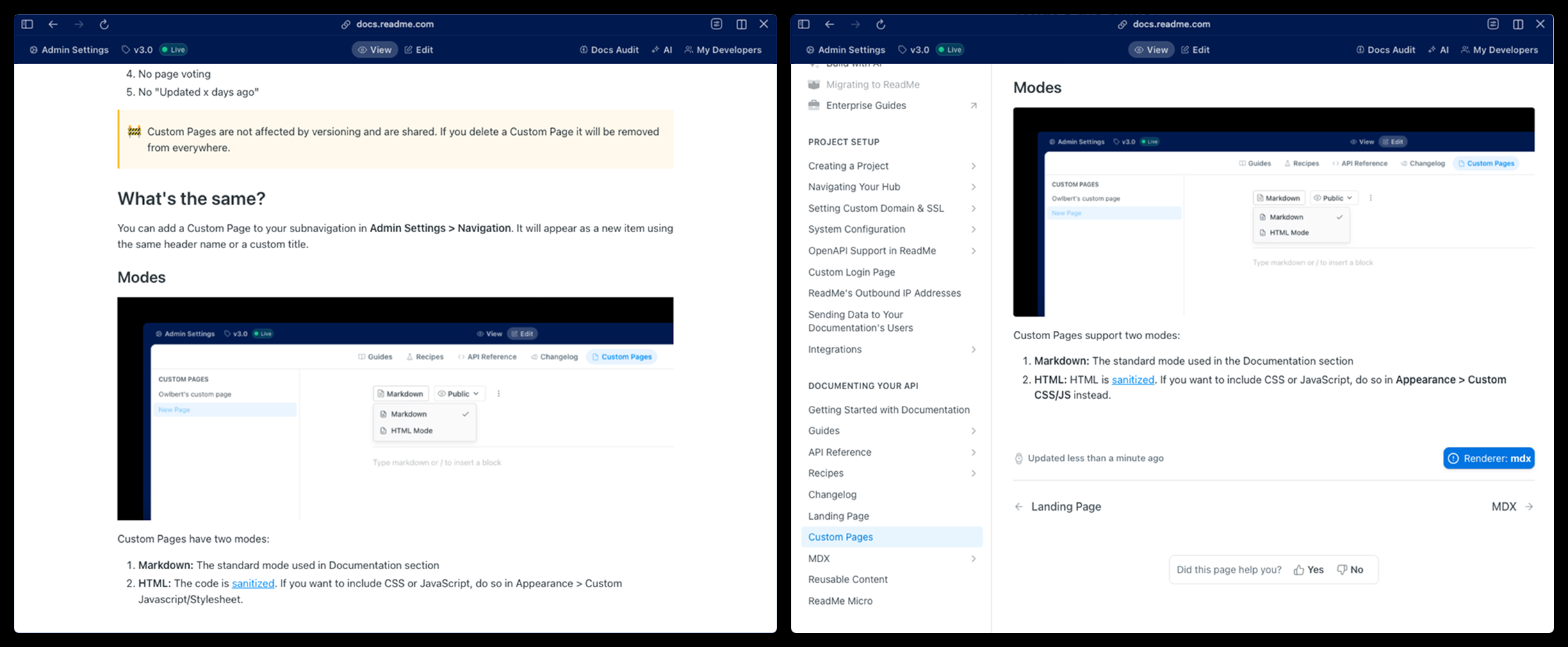 Left: Custom Page, Right: Docs page