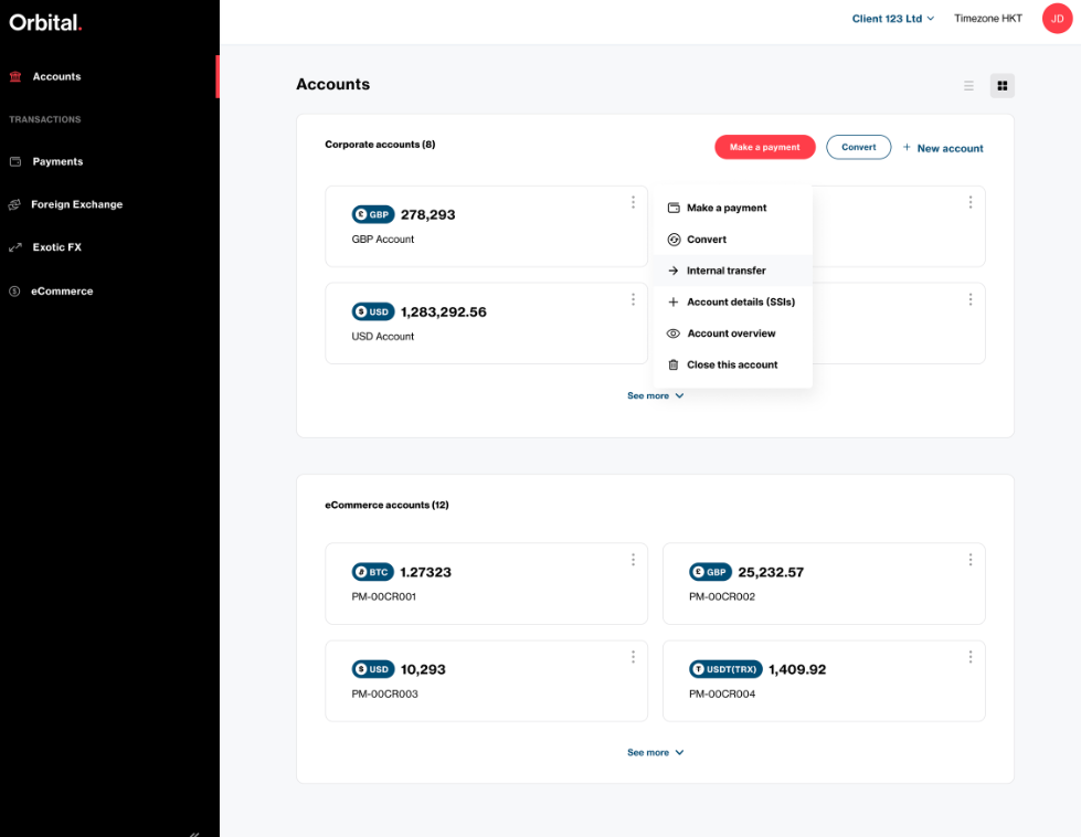 Internal transfer action in the Accounts screen kebab menu