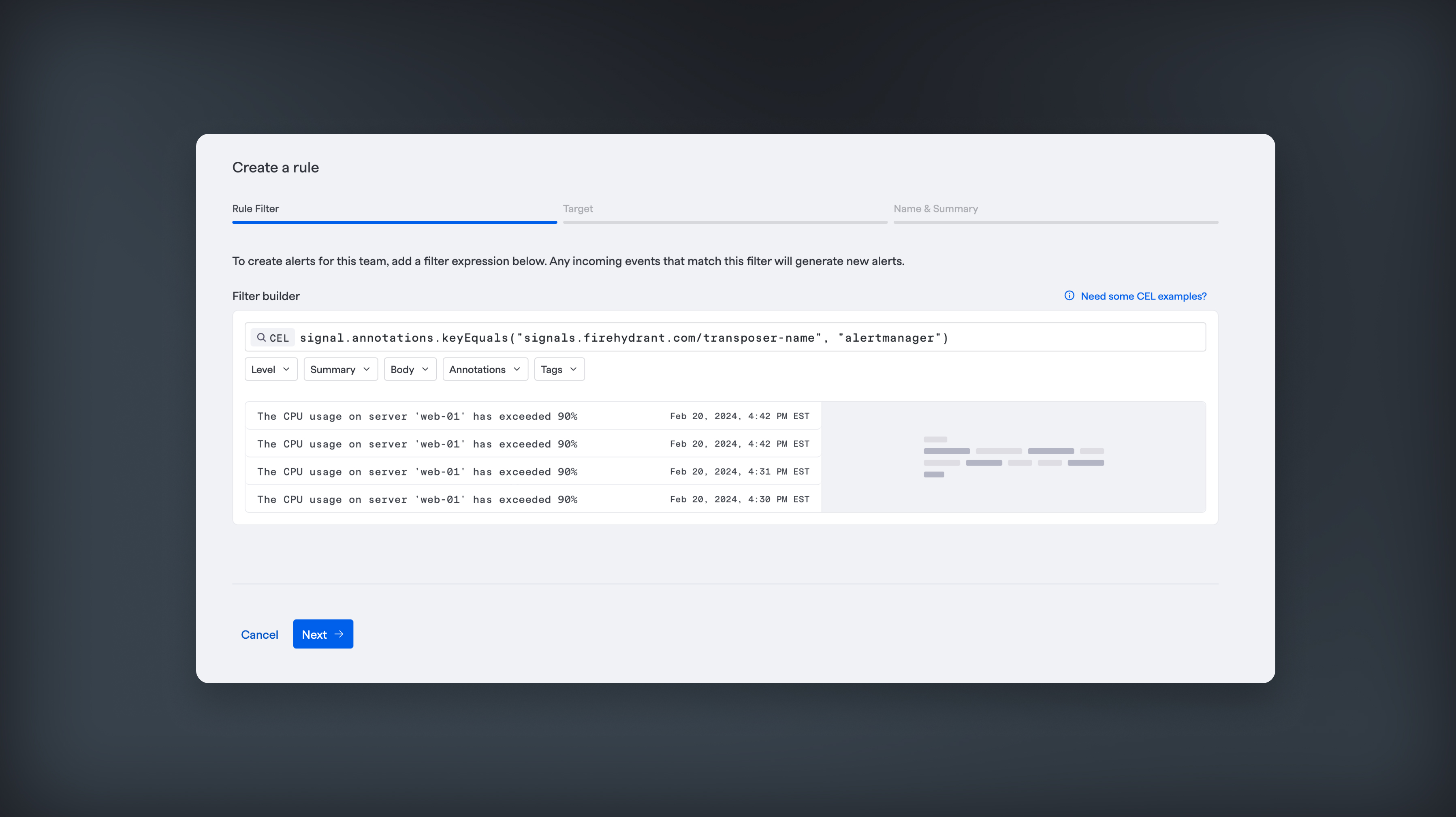 Automatically create alerts from signals with rules