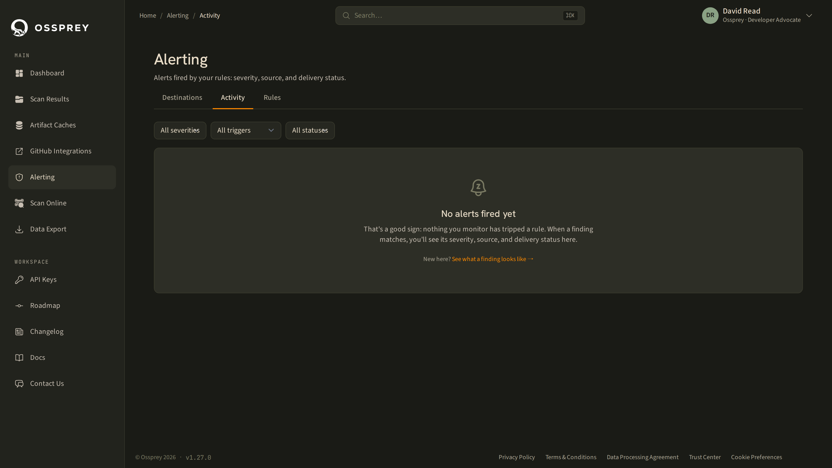 The alert activity tab