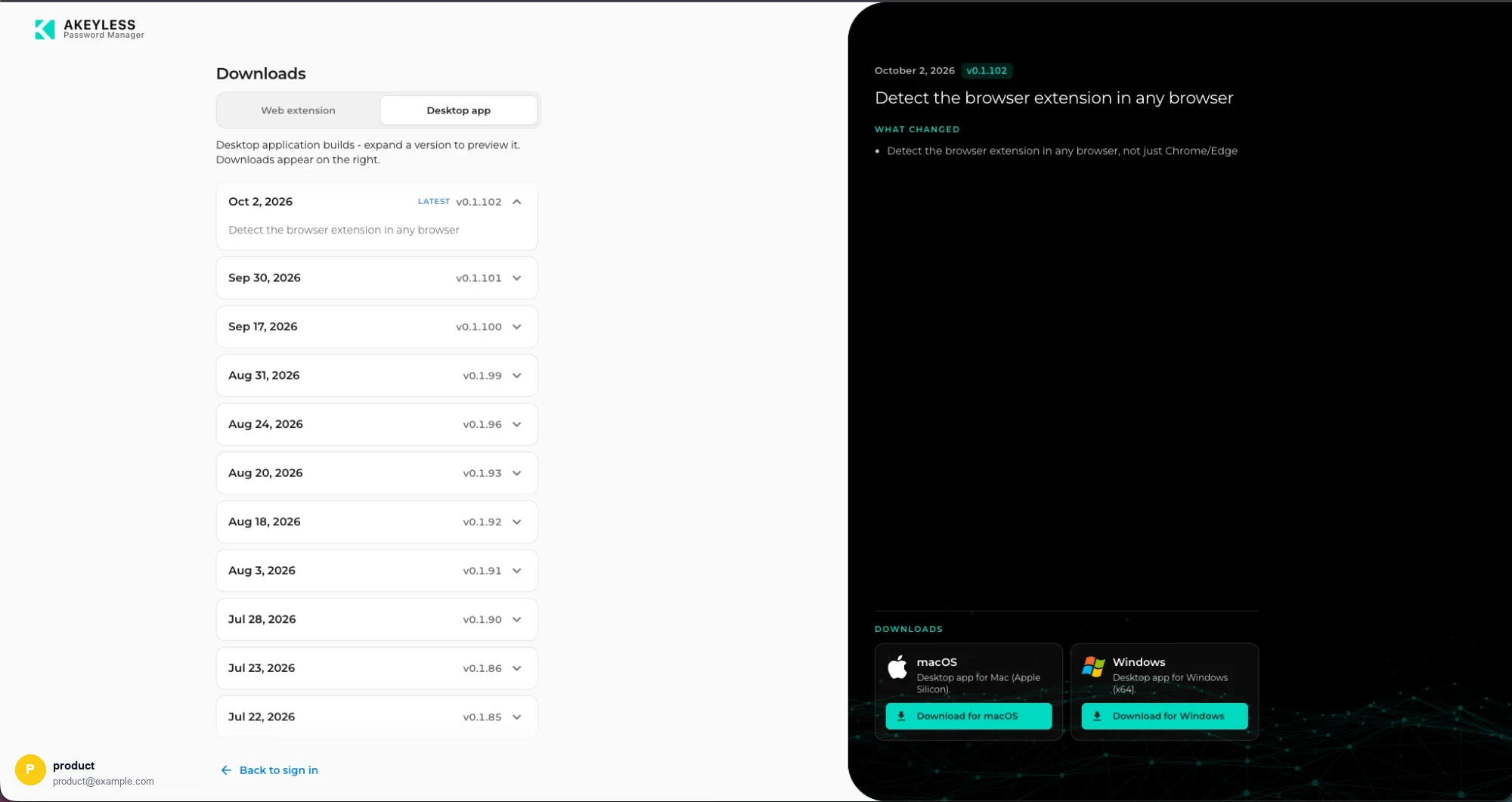 The desktop app downloads tab