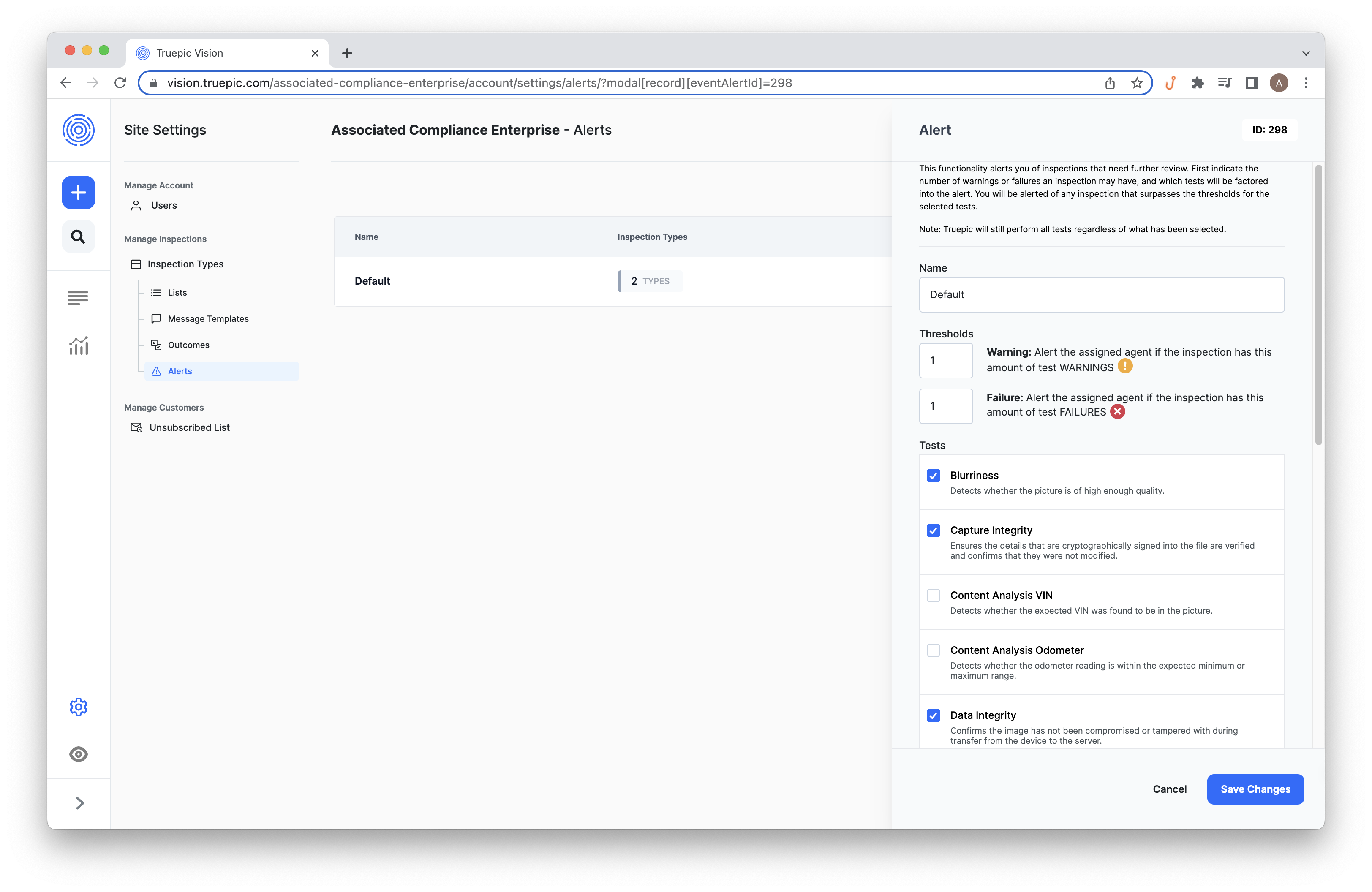 Vision Dashboard. Example of configuring an inspection alert.