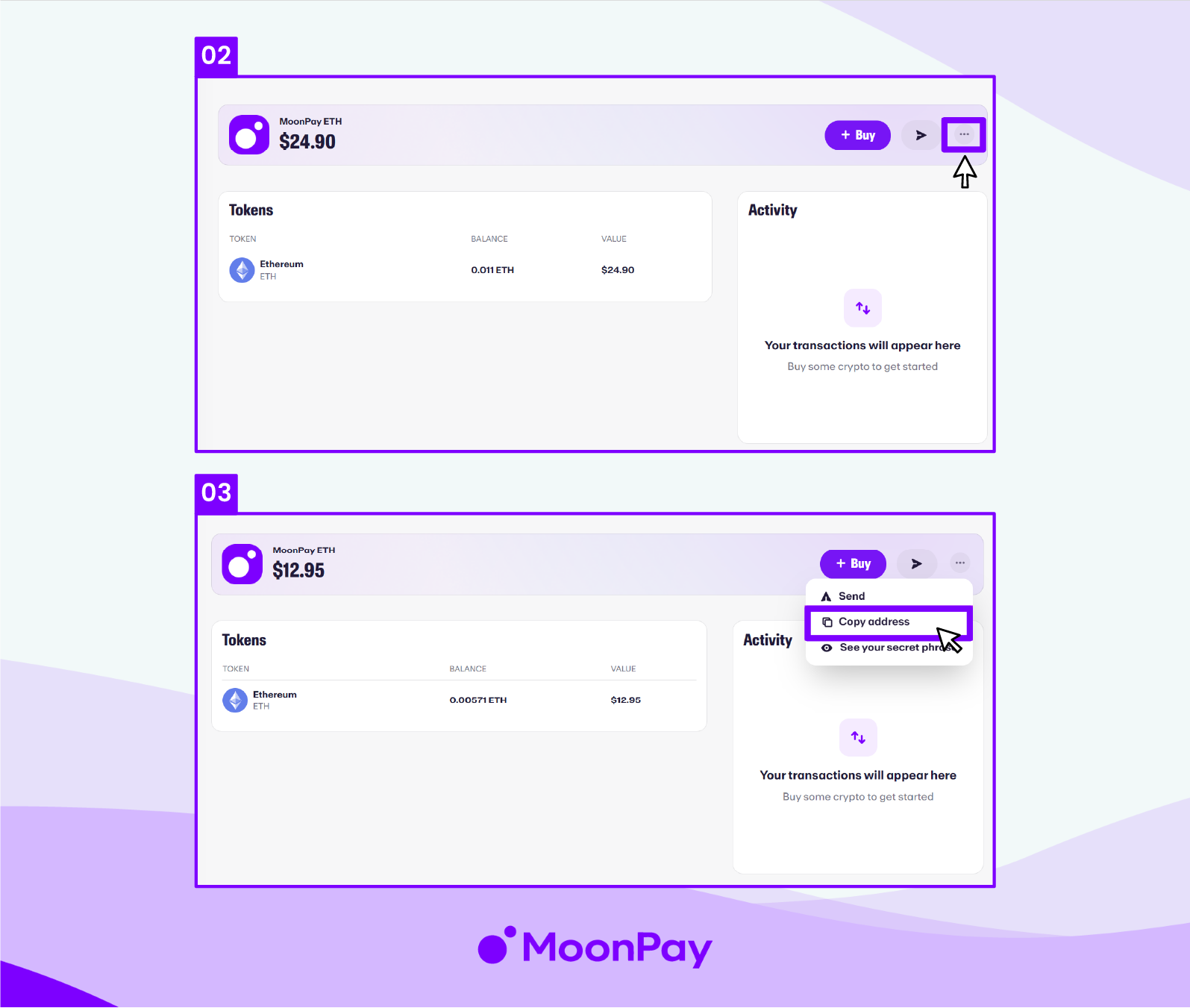 Steps 2-3 on MoonPay's website on how to receive crypto.