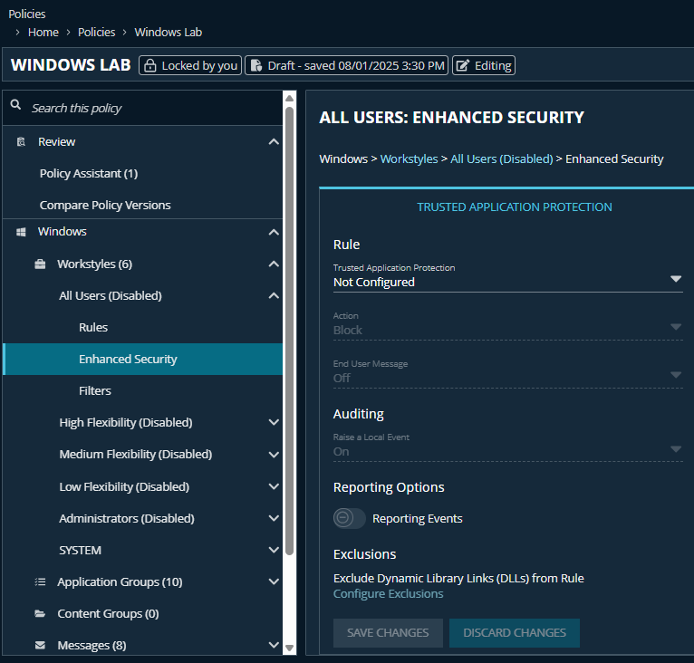 Trusted application protection enhanced security settings
