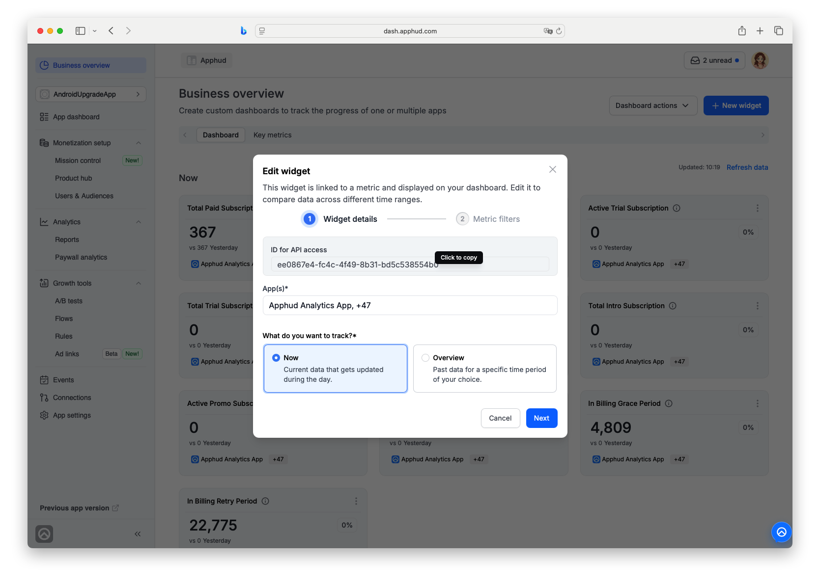 Business-Overview Widget ID for API access