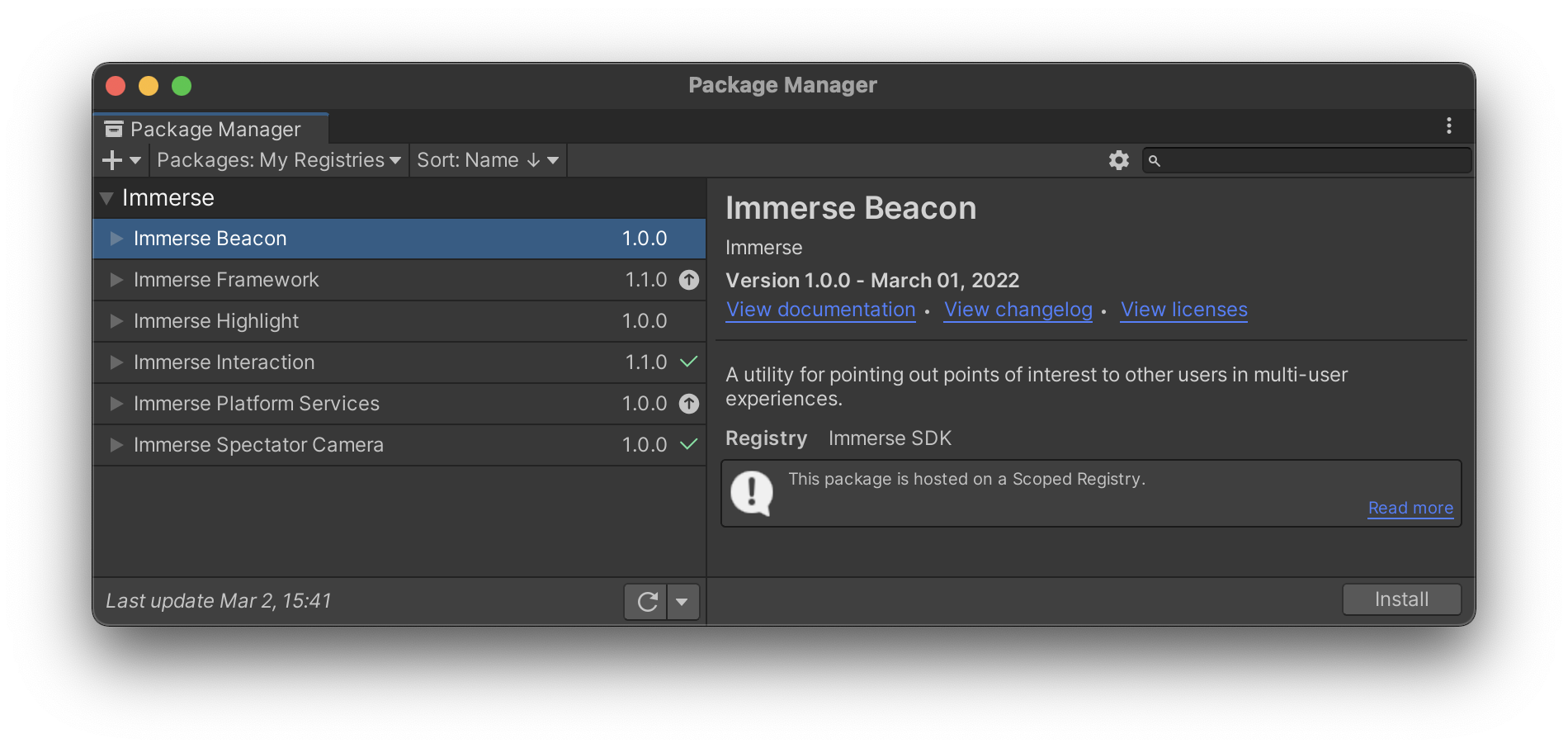 Immerse Packages displayed in the Unity Package Manager