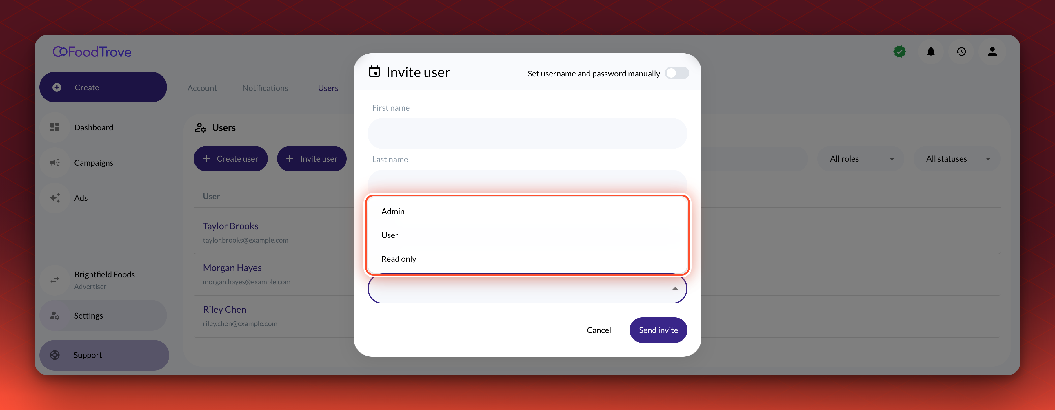 The Invite user dialog on the Users tab. The Roles menu is open and lists Admin, User and Read only.