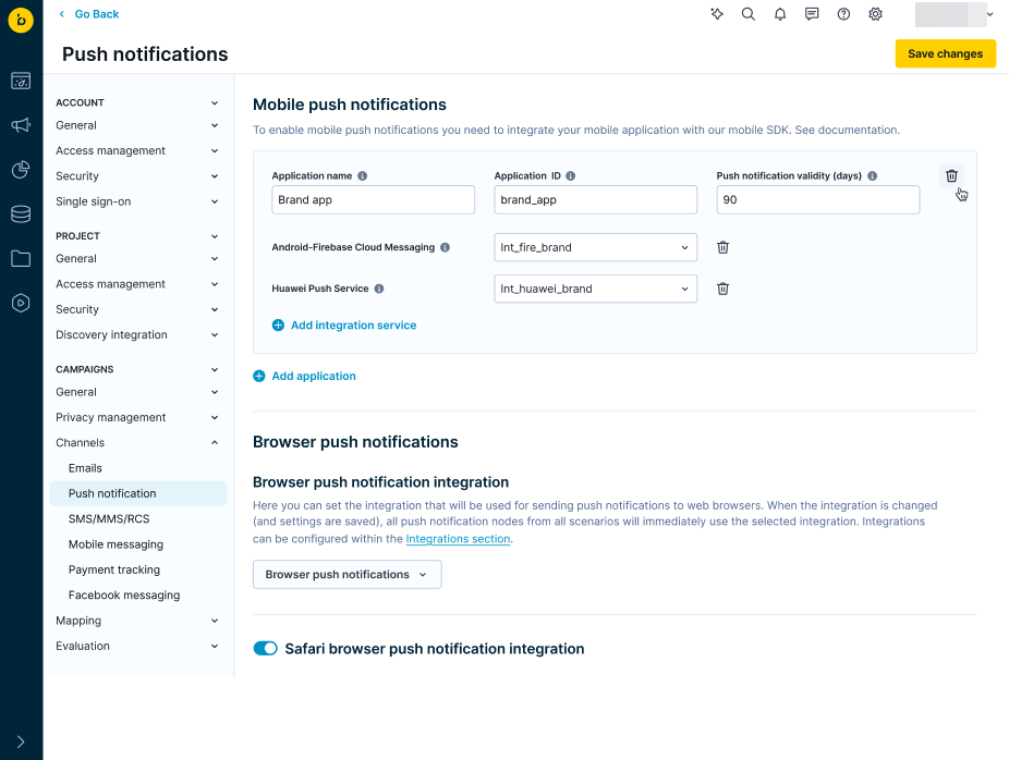 Push notification settings interface showing multiple app configurations