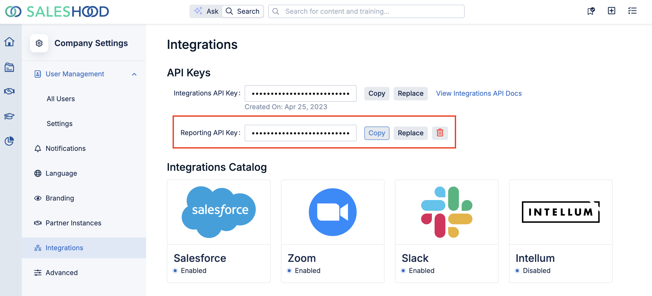 Generate, Copy, and Replace your Reporting API key from the Company Settings > Integrations page.