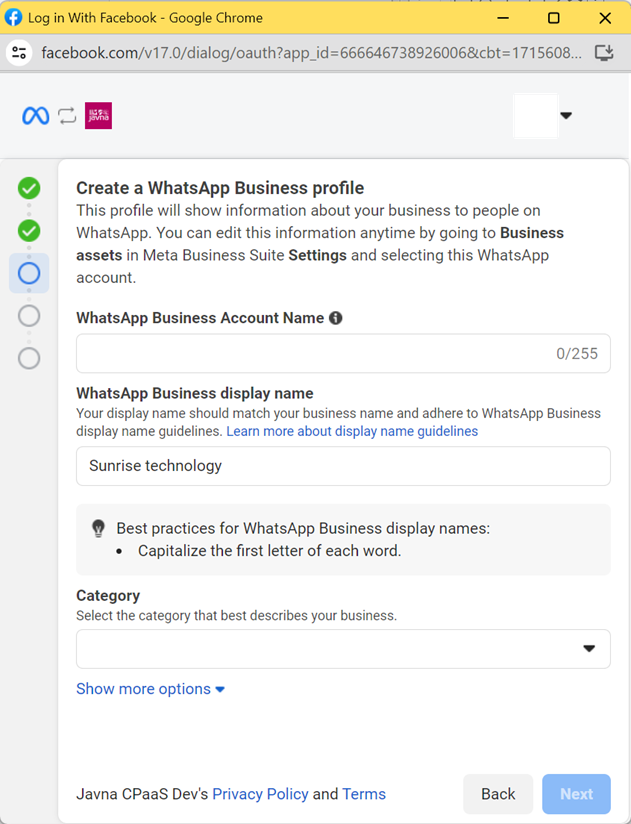 Figure 19: Creating a WhatsApp Business profile.