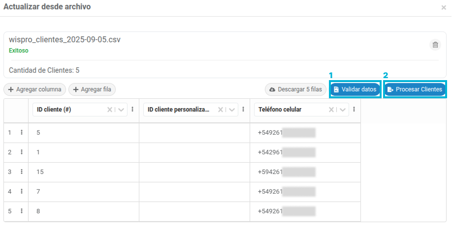 Actualizar los números corregidos en Wispro