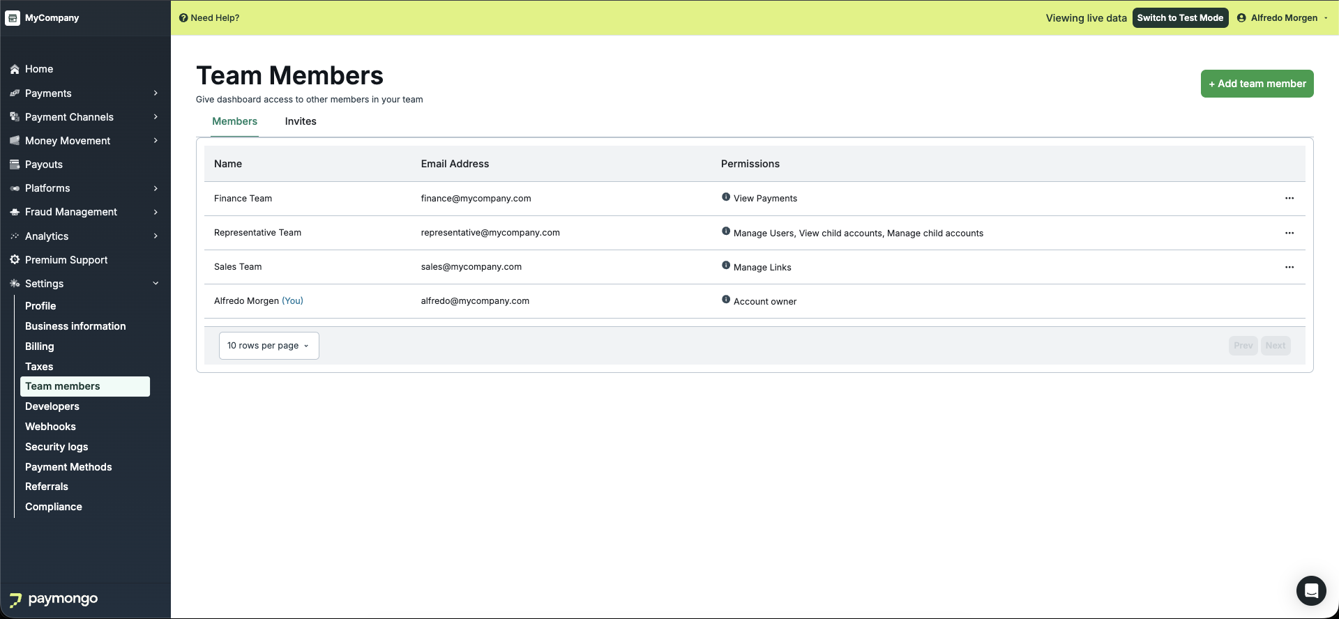 Team members page showing Members and Invites tabs with the Add team member button