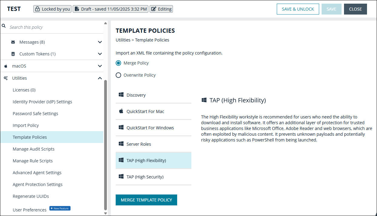 TAP templates to select in the Policy Editor utilities