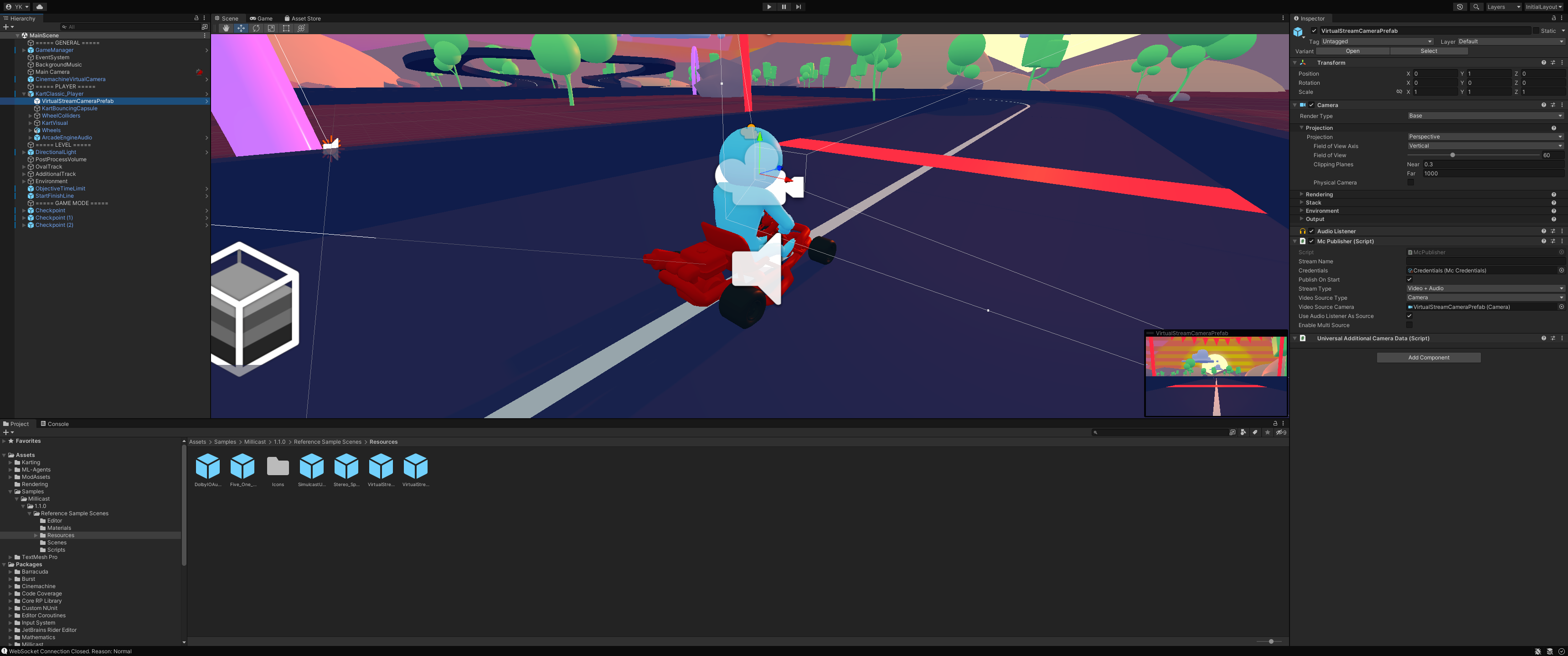 Notice the `VirtualStreamCameraPrefab` is showing the road in-front of the player.