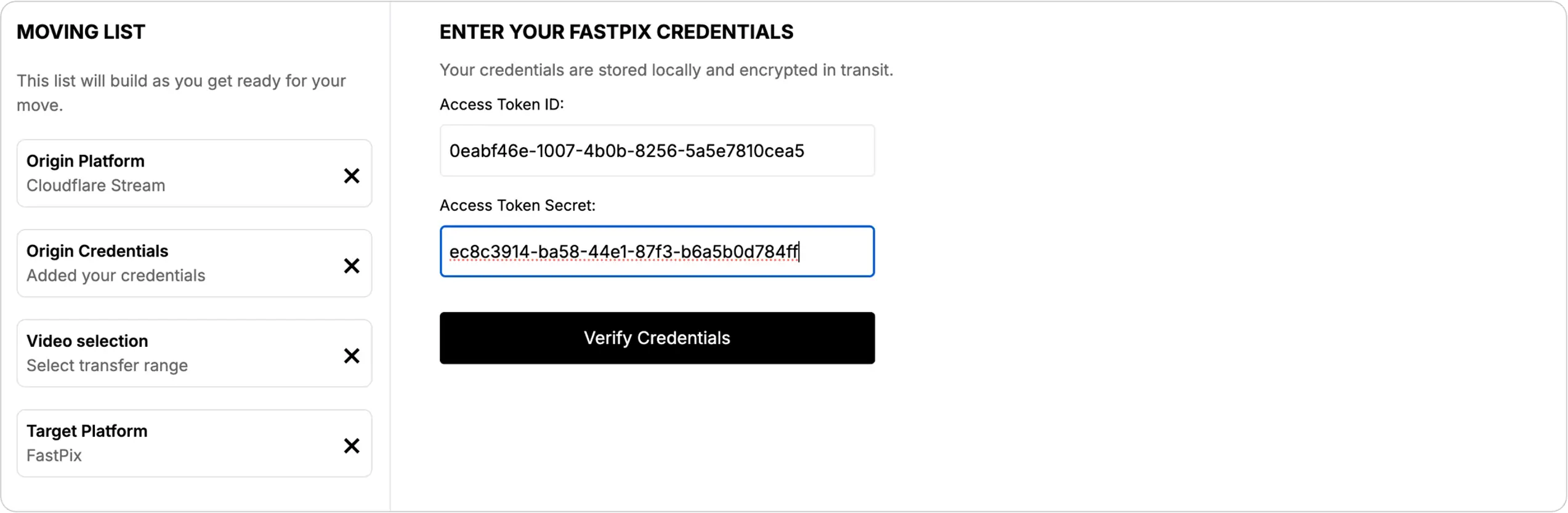 Destination credentials validation