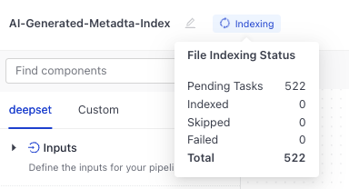 Indexing status shown after hovering over the indexing label. It shows the number of files indexed, failed, and left