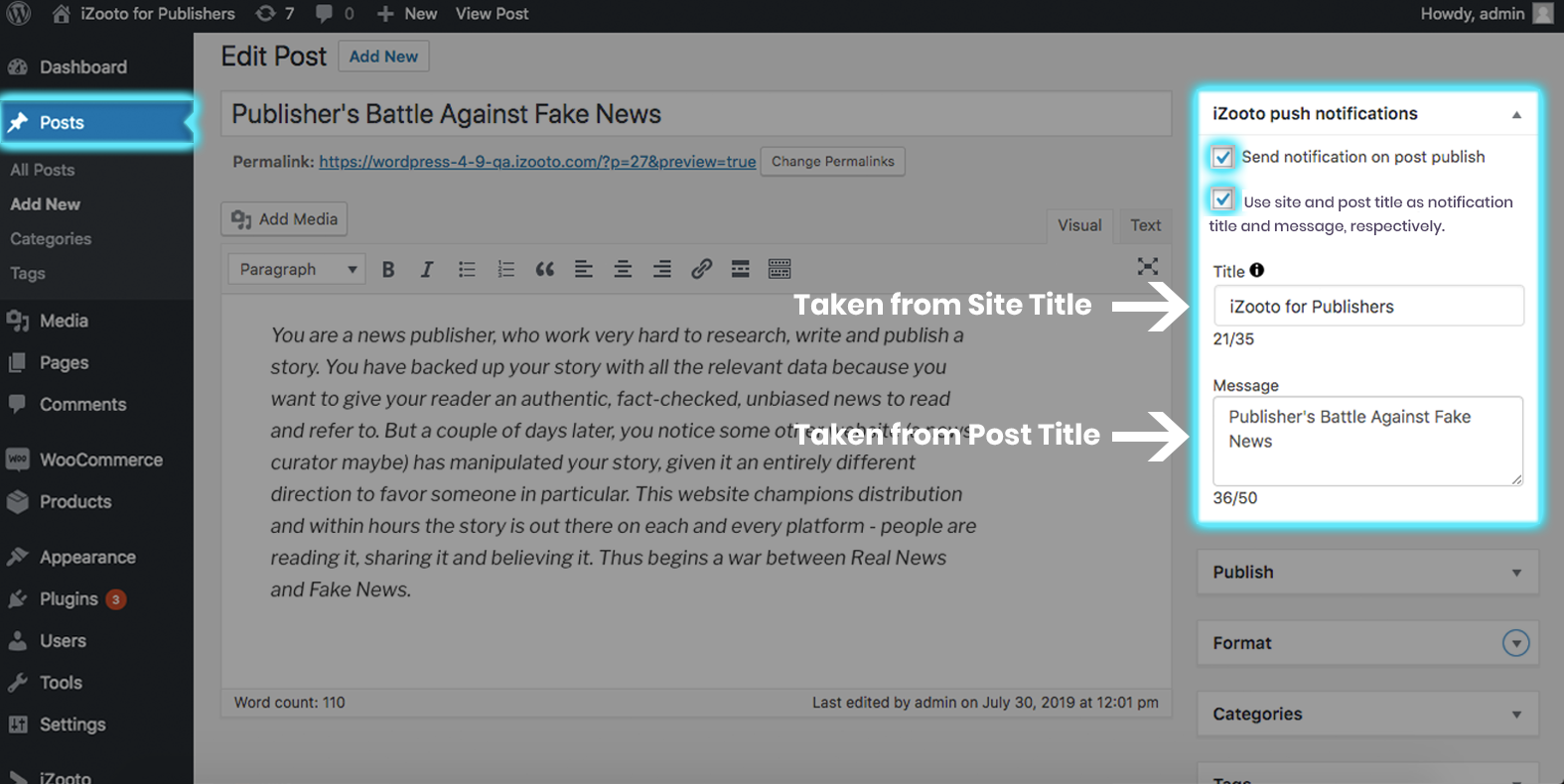 WordPress notification using Post Title and Post Content