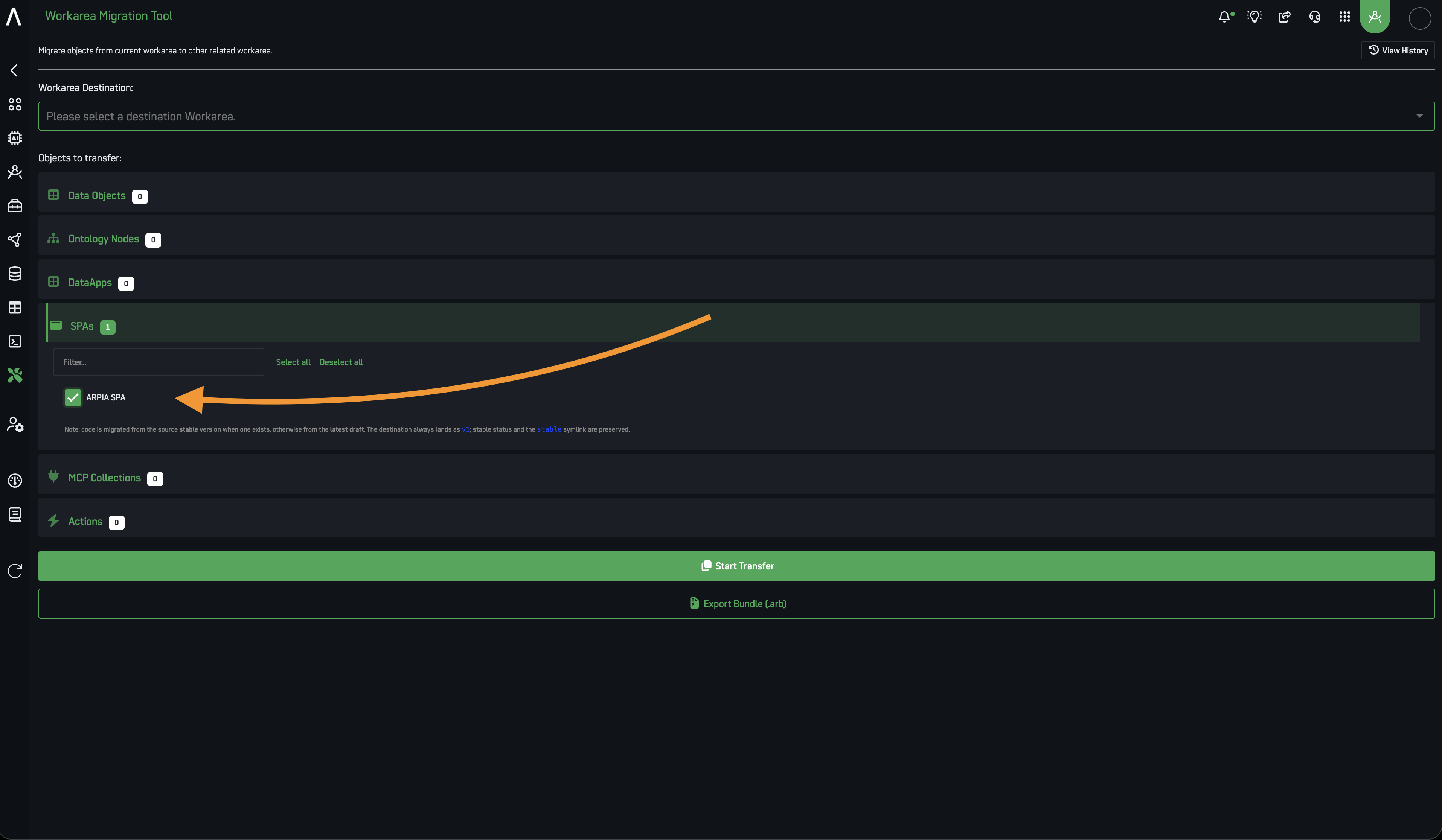 Workarea Migration Tool interface