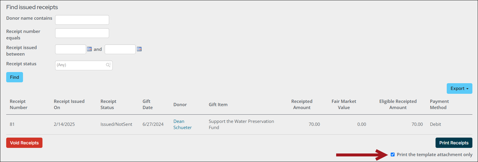 Find issued receipts window with arrow pointing to the "Print the template attachment only" checkbox