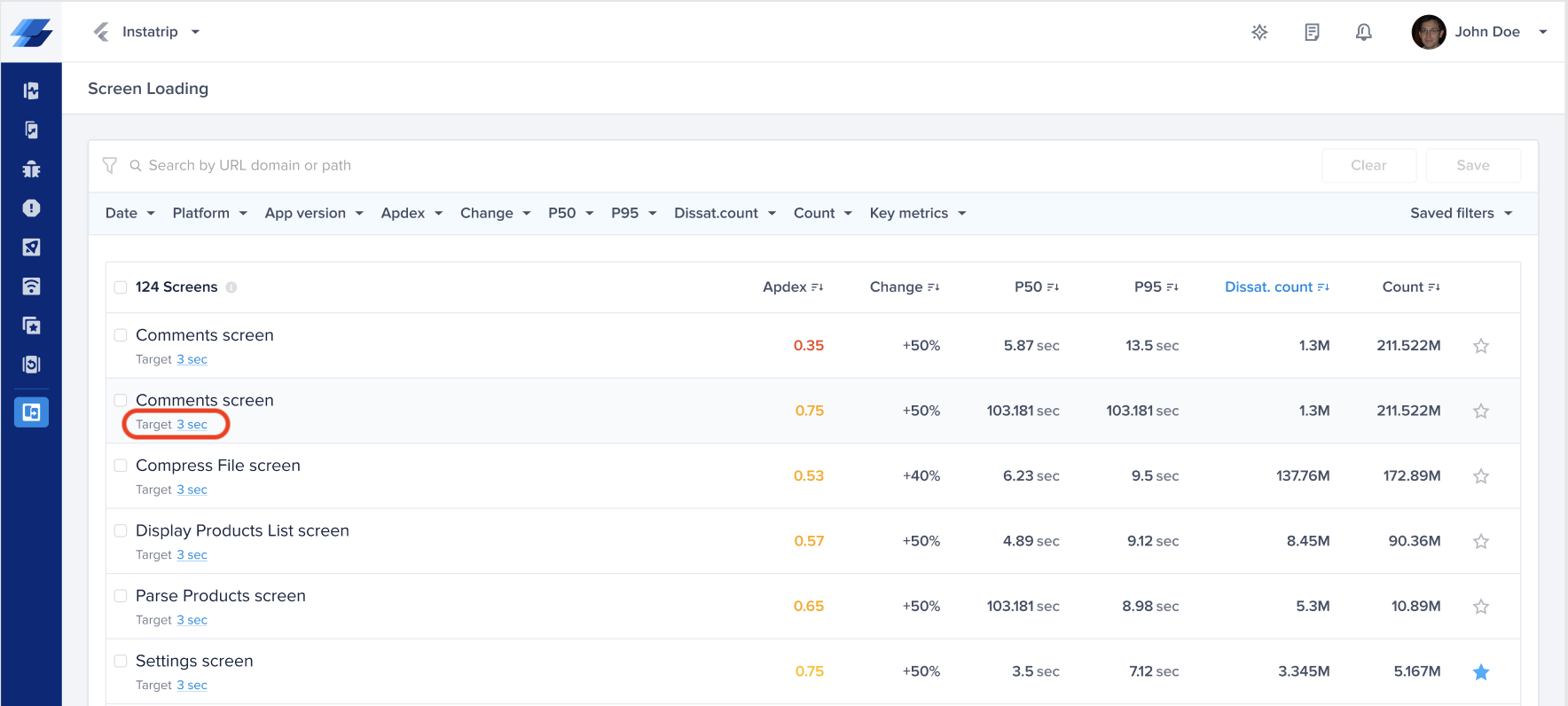 Click on the target CTA in the list to change the target for a satisfying loading duration.