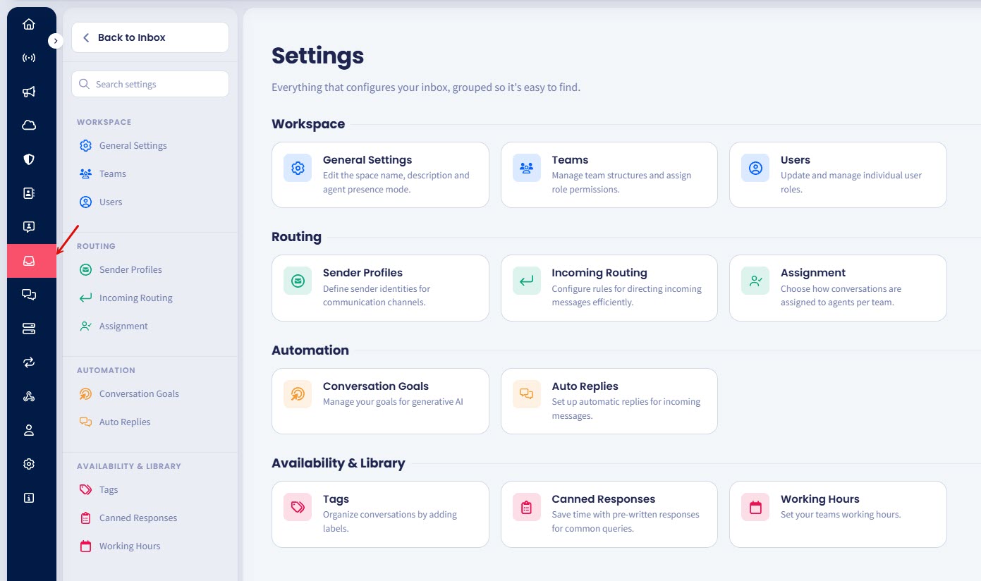 A screenshot of the Inbox > Settings page
