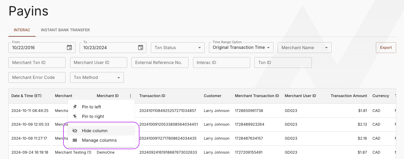 Hide a Column Using the Header Menu Item