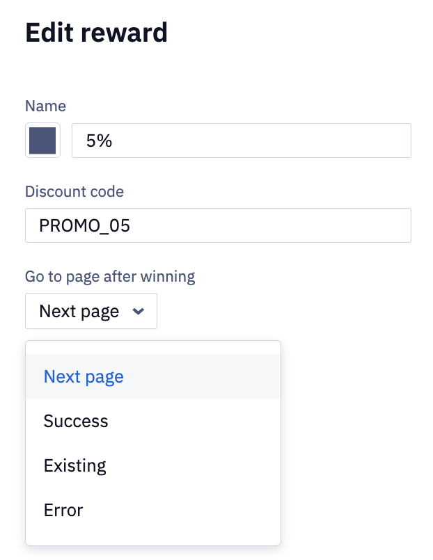 The Go to page after winning field in the prize settings