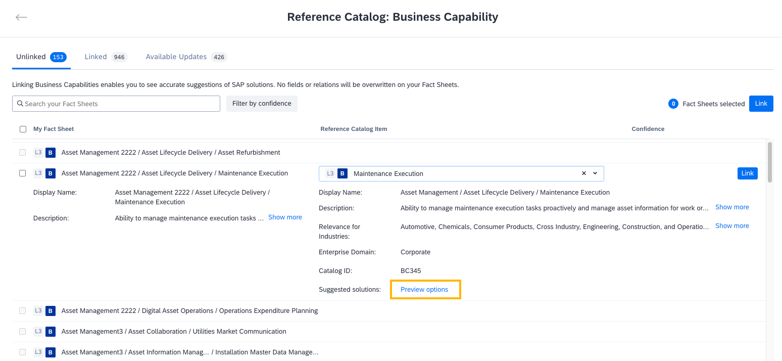 Previewing Suggested SAP Solutions from the Reference Business Architecture Page